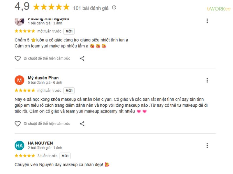 Những đánh giá của khách hàng về Yuri Makeup Academy