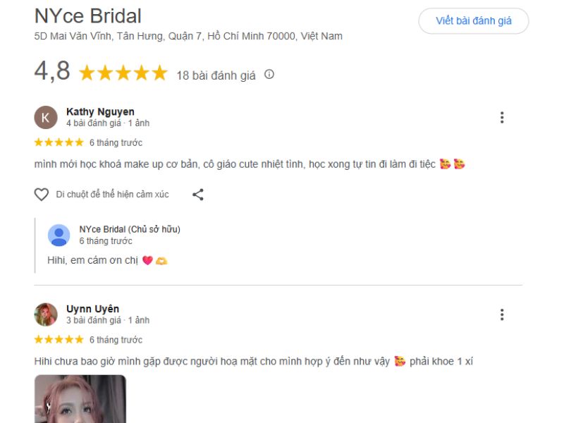 Nhận xét của khách hàng về NYce Makeup Bridal Studio