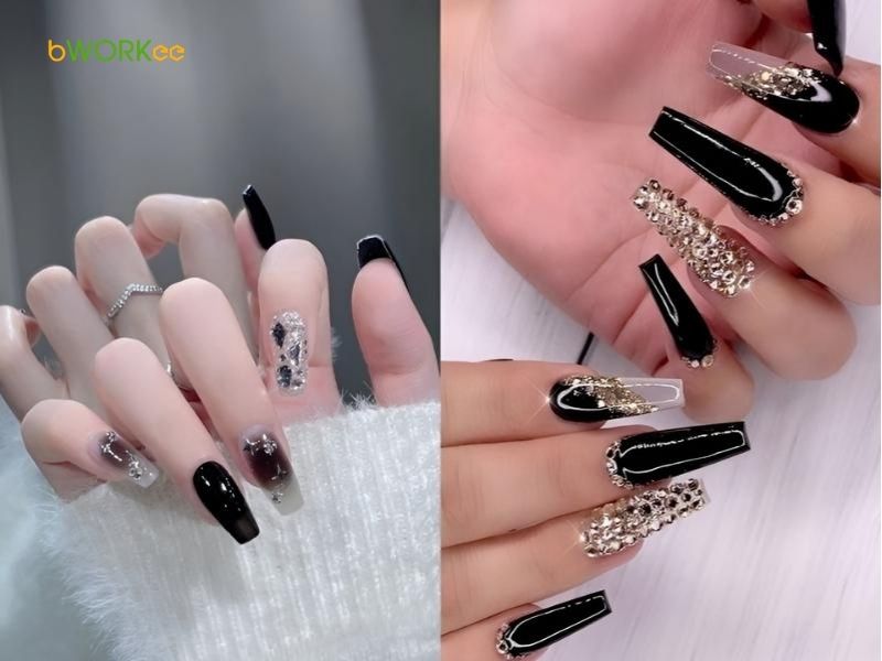 Nail đen đính đá
