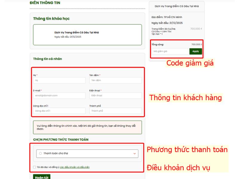 Điền thông tin khách hàng và xác nhận